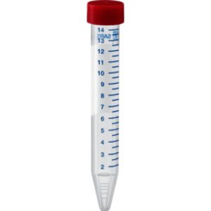 Tubo falcon 15 ml , graduado , lateral esmerilado , fondo cónico , tapa a rosca. Máxima centrifugaci